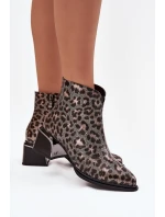 Skórzane Botki Damskie Na Klocku Ocieplane Panterka D&A CR52-622 Czarno-Złote