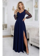 640-3 LORETTA jedinečné dlhé šaty s tylovými rukávmi a výstrihom - tmavomodré