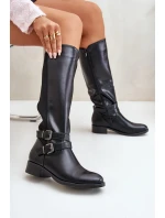 Kozaki Damskie Przed Kolano Na Płaskim Obcasie Z Klamrami Czarne Lotina