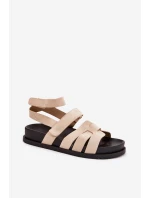 Eko Zamszowe Sandały Damskie Z Rzepami Beżowe Valpera