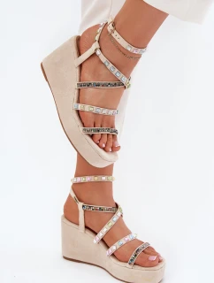 Sandały Damskie Na Koturnie Ze Zdobieniem Na Paskach Beżowe Lunara