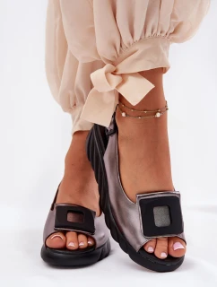 Skórzane Sandały Damskie Na Koturnie z Ozdobą Artiker 56C2158 Grafitowe