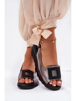 Skórzane Sandały Damskie Na Koturnie z Ozdobą Artiker 56C2158 Grafitowe