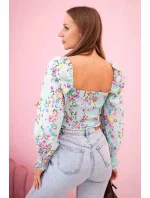 Dámska španielska blúzka s kvetinovým vzorom, dlhý rukáv, mentolová