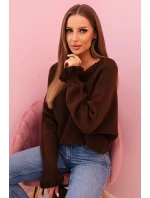 Dámsky mohérový sveter s nariasenými rukávmi a výrezom na chrbte hnedý