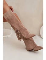 Wsuwane Kozaki Kowbojki Damskie Na Słupku Z Frędzlami Beżowe Zalia