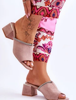 Zamszowe Klapki Na Obcasie S.Barski KV-612-2 Beżowe