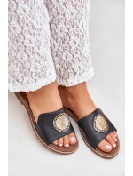 Skórzane Klapki Z Ozdobą Na Płaskim Obcasie Zazoo 3047/O Czarne