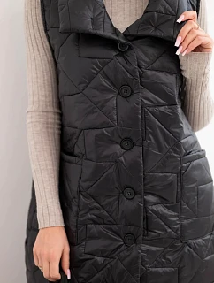 Dámska prešívaná dlhá vesta s vreckami a stojatým golierom čierna