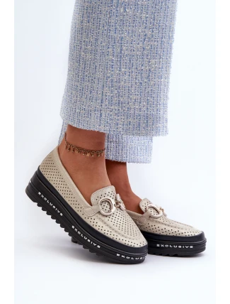 Skórzane Błyszczące Mokasyny Damskie Na Platformie Z Ozdobą S.Barski LR750 Złote