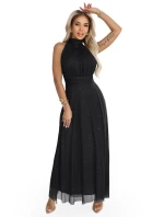 636-3 VERONICA luxusné dlhé šaty s brokátovým akcentom a elegantným strihom - čierne