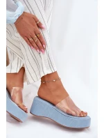 Klapki Damskie Z Transparentnym Paskiem Na Koturnie Jeansowe Meltiana