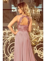 LEA - Dlhé dámske šaty vo farbe taupe bez rukávov, s vyšívaným výstrihom 215-5 LEA - Dlhé dámske šaty vo farbe taupe bez rukávov, s vyšívaným výstrihom 215-5