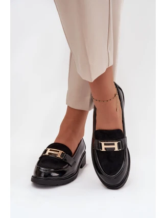 Lakierowane Mokasyny Damskie Ze Złotym Detalem S.Barski HY52-545 Czarne