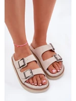 Zamszowe Klapki Damskie Z Klamrami D.Franklin DFSH405001 Beżowe