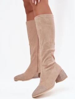 Kozaki Damskie Ze Zdobieniem Na Klocku Eko Zamszowe Beżowe Ivanna