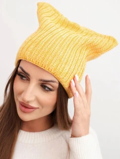 Dámska zimná vlnená čiapka s mačacím strihom z rebrovaného úpletu K419 žltá