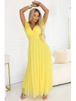 562-8 NASTIA Dlhé šaty so srdiečkovým výstrihom, podšívkou a krátkymi rukávmi - citrónové limoncello