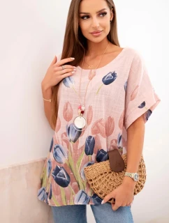 Dámske bavlnené tričko s kvetinovým vzorom púdrovo ružovej farby
