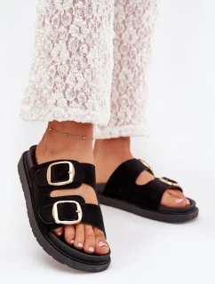 Klapki Damskie Na Platformie Ze Złotymi Klamrami Czarne Verena