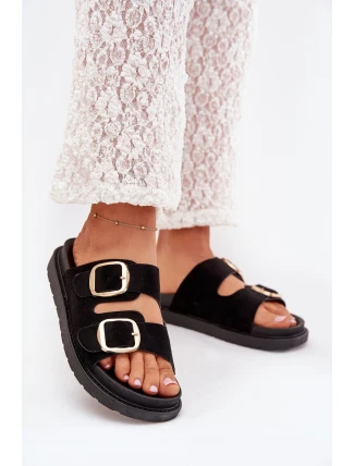 Klapki Damskie Na Platformie Ze Złotymi Klamrami Czarne Verena