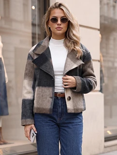 Krótki płaszcz damski z wełną w dużą kratę granatowy FashionStreet NY0834