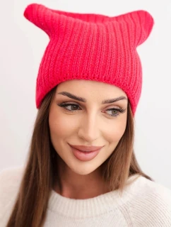 Dámska zimná čiapka s vlnou v mačacom štýle z pruhovanej pleteniny K419 fuchsiová
