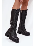 Skórzane Sznurowane Kozaki Na Klocku Ocieplane Vinceza 66804 Czarne