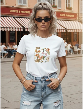 Dámske bavlnené tričko s motívom listov, biele, FashionStreet NX8052RY Dámske bavlnené tričko s motívom listov, biele, FashionStreet NX8052RY