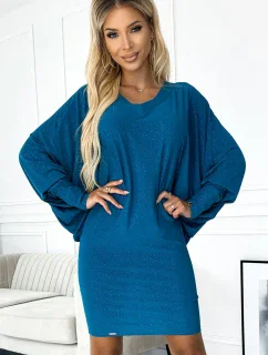 402-3 Netopierie šaty s výstrihom - morská farba s trblietkami