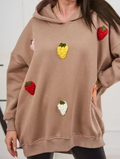 Zateplená mikina s jahodovým motívom tmavo béžová