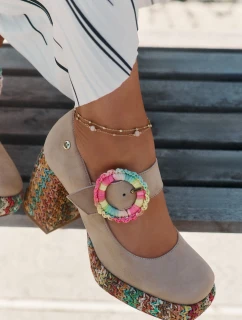 Zamszowe Czółenka Z Plecionką Na Słupku I Platformie Maciejka 06839-04 Beżowe