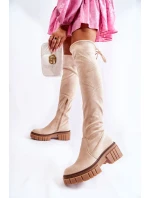 Zamszowe Damskie Kozaki Za Kolano Jasnobeżowe Cheera