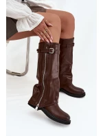 Kozaki Damskie Z Wywiniętą Cholewką Klamrą I Srebrnym Zamkiem Ocieplane Brązowe Bressa