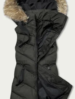Dámska páperová vesta v army farbe s kožušinou (5M787-136)