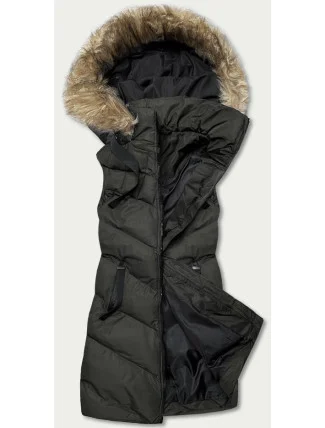 Dámska páperová vesta v army farbe s kožušinou (5M787-136) Dámska páperová vesta v army farbe s kožušinou (5M787-136)