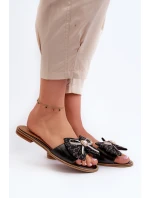 Płaskie Skórzane Klapki Damskie Z Kokardą Laura Messi 2791 Czarne