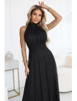 636-3 VERONICA luxusné dlhé šaty s brokátovým akcentom a elegantným strihom - čierne