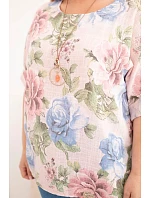 Dámske bavlnené Plus veľkosť blúzka s krátkymi rukávmi a kvetinový vzor púdrová ružová Dámske bavlnené Plus veľkosť blúzka s krátkymi rukávmi a kvetinový vzor púdrová ružová