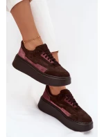 Sneakersy Damskie Z Naturalnego Zamszu Na Platformie Zazoo N1265S3 Czekoladowe
