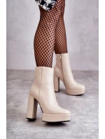 Skórzane Gładkie Botki Na Słupku Beżowe Kaysa