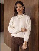 Klasický dámsky sveter s okrúhlym výstrihom, svetlo béžový, FashionStreet MY2599 Klasický dámsky sveter s okrúhlym výstrihom, svetlo béžový, FashionStreet MY2599