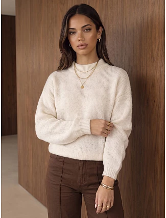 Klasický dámsky sveter s okrúhlym výstrihom, svetlo béžový, FashionStreet MY2599 Klasický dámsky sveter s okrúhlym výstrihom, svetlo béžový, FashionStreet MY2599