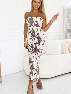 611-1 SAVANNAH šaty na ramienka - hnedo-biely boho vzor