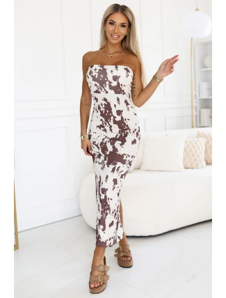 611-1 SAVANNAH šaty na ramienka - hnedo-biely boho vzor 611-1 SAVANNAH šaty na ramienka - hnedo-biely boho vzor