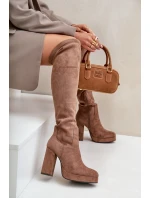 Kozaki Na Słupku I Platformie Z Cholewką Za Kolano Eko Zamszowe Ciemnobeżowe Zistaria