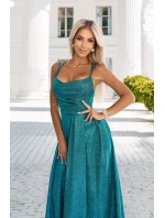 589-3 Dlhé šaty s jemnými trblietkami a korzetovým viazaním vzadu - zelené s trblietkami