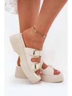 Klapki Damskie Na Koturnie I Platformie Z Klamrami Jasnobeżowe Nitarelia