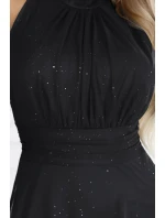 636-3 VERONICA luxusné dlhé šaty s brokátovým akcentom a elegantným strihom - čierne