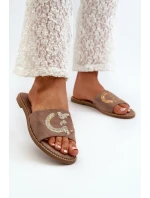 Damskie Płaskie Klapki Z Cekinami S.Barski KV27-052 Brązowe
